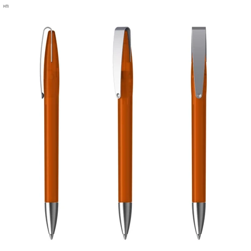 Metal pen with an orange barrel and chrome accents, shown from three different angles. Features a clip and smooth finish.