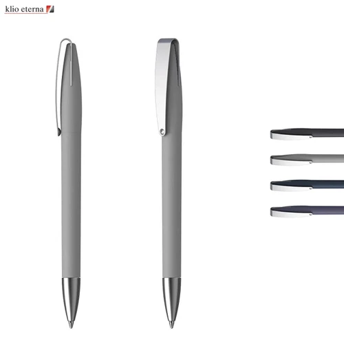 A metal pen with a soft grey grip and chrome accents, displayed alongside three refill options in different shades.