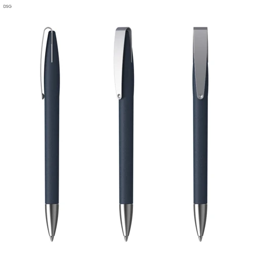 A set of three metal pens with a soft grip in navy blue and silver accents, featuring a logo on the barrel.