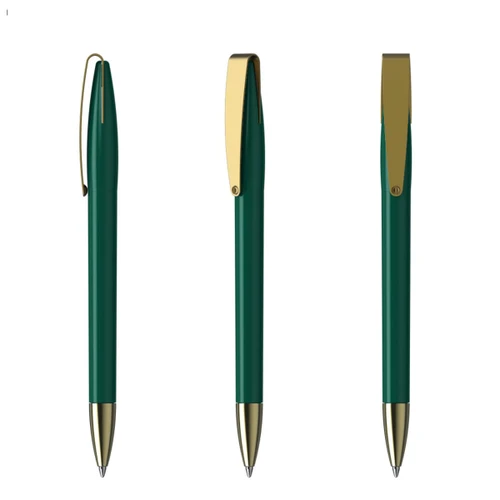 A metal pen in green with gold accents, featuring a sleek design and a clip. It has a logo on the barrel.