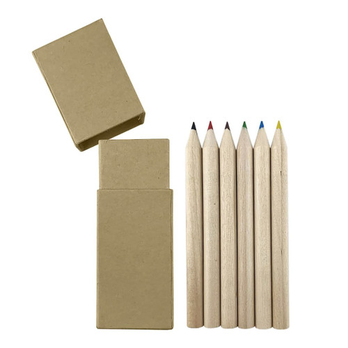 A set of six coloured pencils in a kraft box, featuring red, blue, green, black, and yellow hues.
