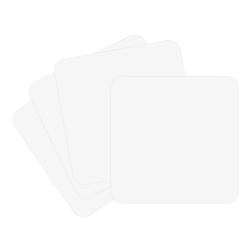 A stack of square cardboard coasters in plain white, featuring a subtle texture and a logo on the surface.