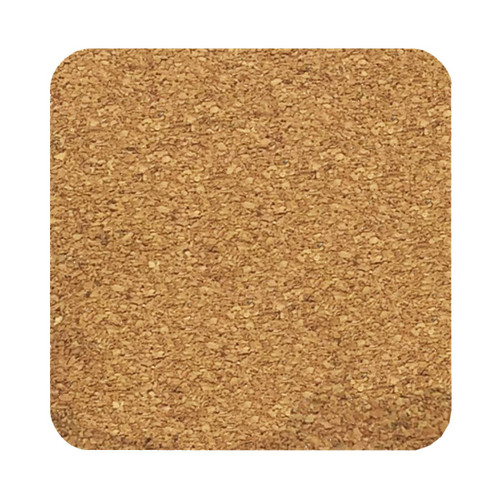 A square cork coaster in a natural tan colour with a textured surface. It features a branding logo.