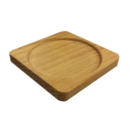 A wooden coaster in a square shape with a circular indent, featuring a light natural wood finish.