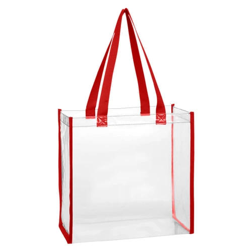 A clear tote bag with red handles and reinforcement, featuring an open design for visibility.