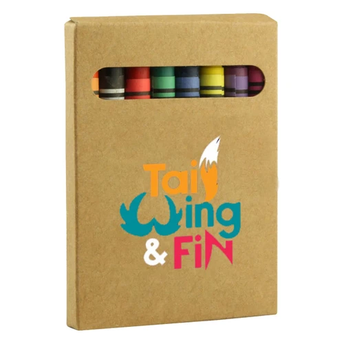 A crayon set featuring eight crayons in various colours, packaged in a brown cardboard box with a viewing cutout.