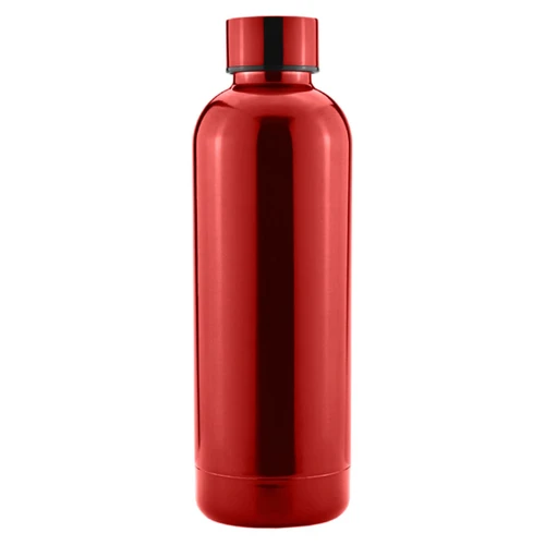A drink bottle in bright red with a sleek, metallic finish and a matching cap. It features a logo.
