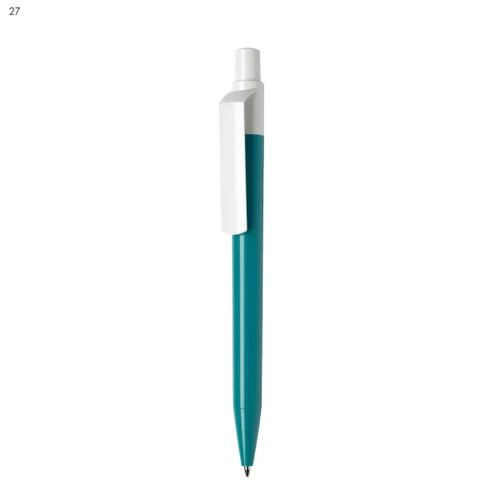 A teal plastic pen with a white clip and tip. The pen has a sleek design and features a logo.