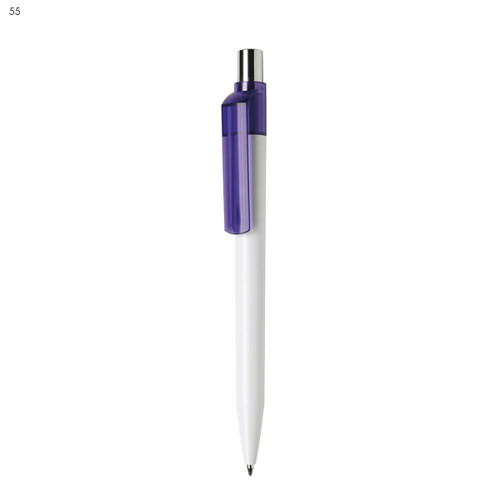 A plastic pen featuring a white barrel and a purple clip, with a silver tip and branding present.