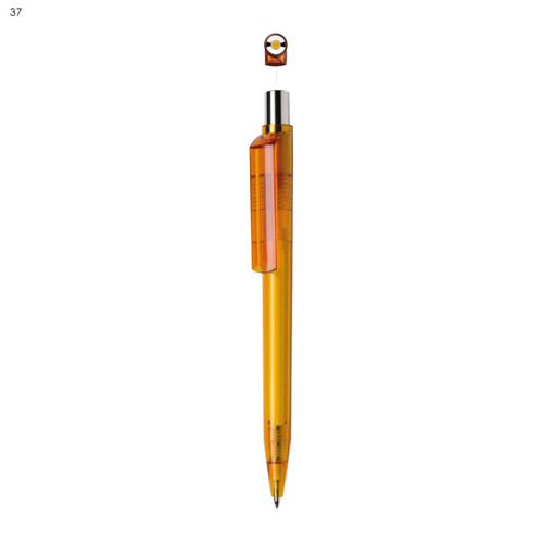 A plastic pen in a bright orange colour with a clear clip and a metallic tip, featuring a logo on the clip.