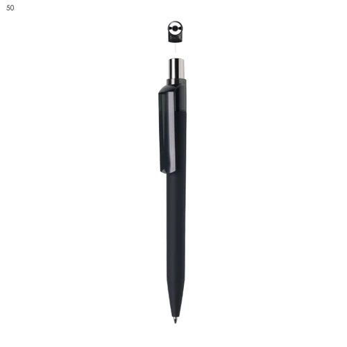 A black plastic pen featuring a sleek design and a clip, with a logo on the top.