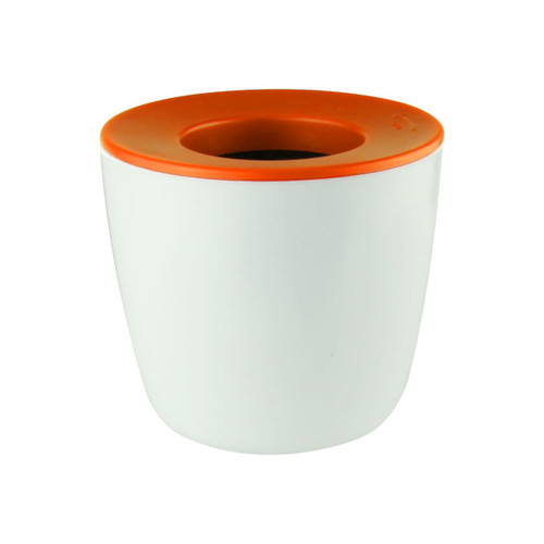 A mini desk plant pot featuring a white body and an orange lid, with a simple, modern design.