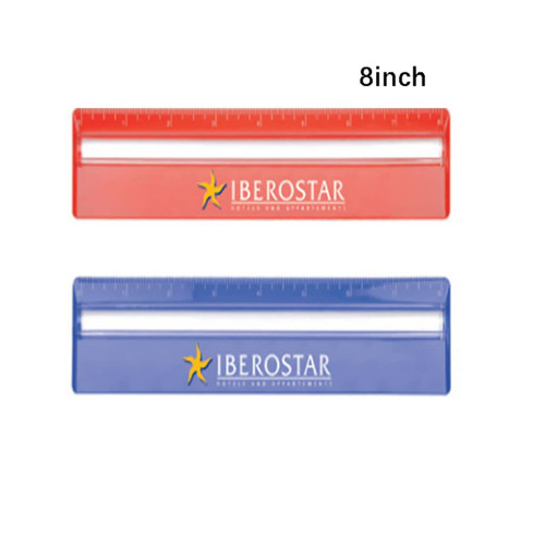A red and blue 20cm ruler with a magnifying section and a branding logo on both.
