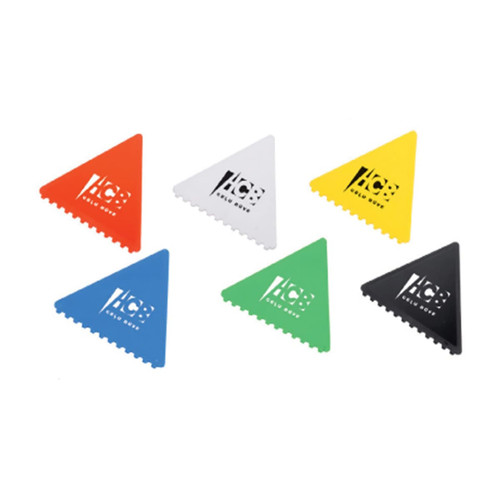 A set of six triangular ice scrapers in red, white, green, blue, yellow, and black, featuring a logo.