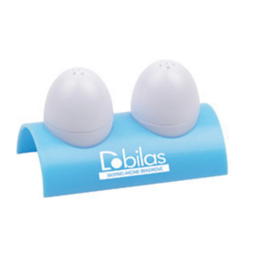 A blue condiment holder featuring two egg-shaped containers in grey, placed on a curved stand with a logo.