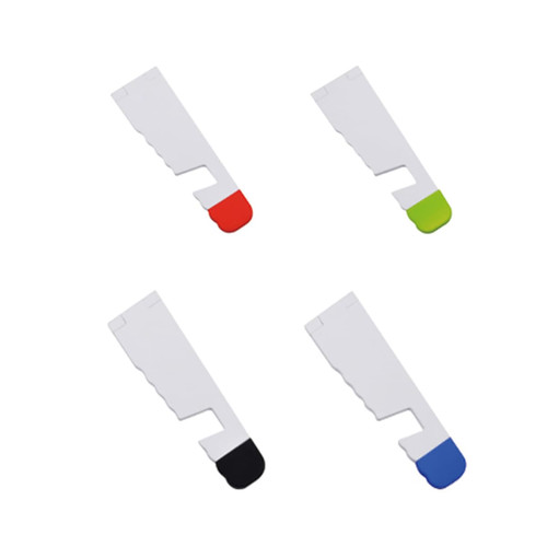 Four phone stands in white with coloured accents: red, green, black, and blue. Each has a unique shape and a logo.