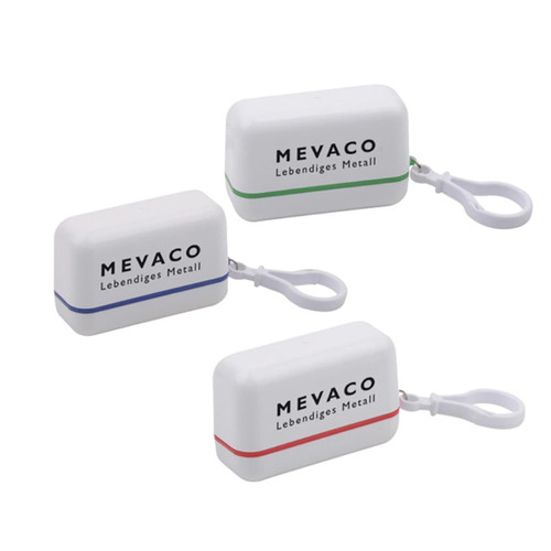 Earbuds in cases, featuring three colours: white with blue, green, and red accents. Each case has a loop for attachment.