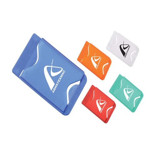 A collection of five phone wallets in various colours: blue, orange, red, green, and white, featuring a logo.