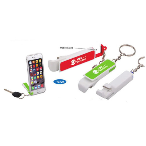 A drink bottle opener keychain in green and white, featuring a mobile phone stand function. Includes a branding logo.