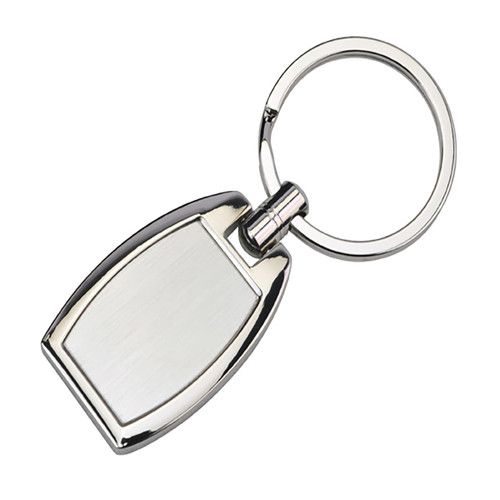 A silver oval key ring with a polished surface and a metal loop for attachment.