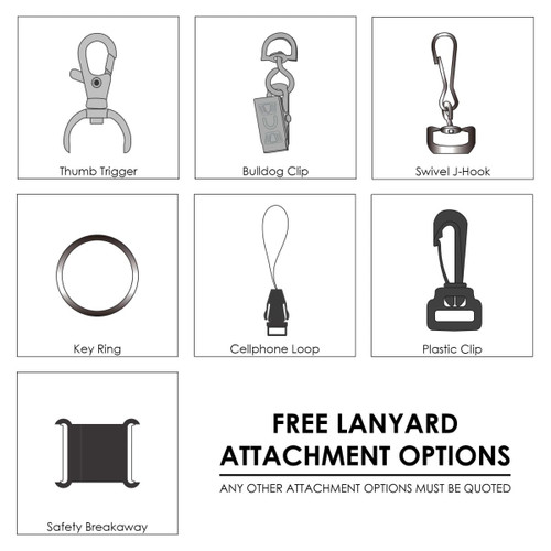 A selection of lanyard attachment options including clips, rings, and a safety breakaway, displayed in a grid format.
