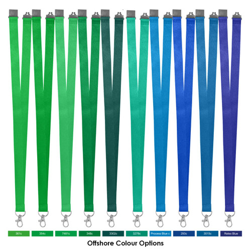 Polyester lanyards in various shades of green and blue, featuring clip attachments and a logo.