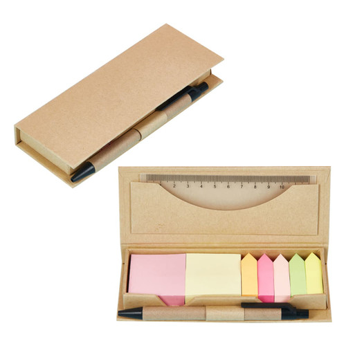 A brown memo holder containing sticky notes in various pastel colours and a black pen, with a ruler on top.
