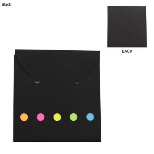 A black sticky note pad with five coloured dots (pink, orange, yellow, green, blue) on the front. The back is plain.