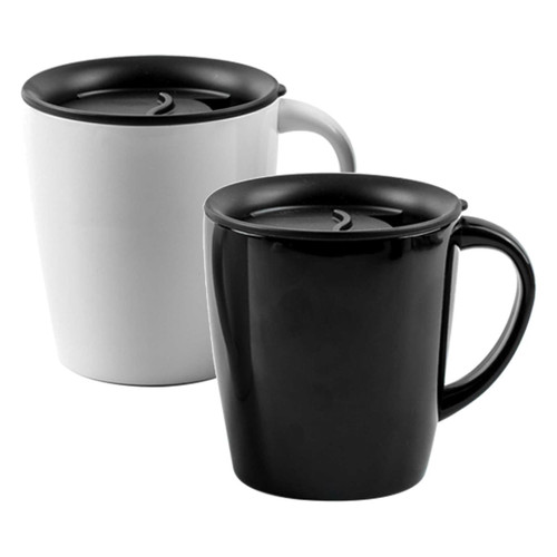 A set of two Milan coffee mugs in white and black, featuring lids and handles, with a logo on one mug.