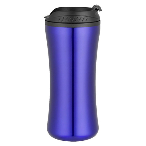 A travel mug in a vibrant purple colour with a black lid and a sleek, tapered design. Features a logo.