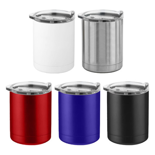 A collection of five coffee mugs in white, stainless steel, red, blue, and black, each with a transparent lid.