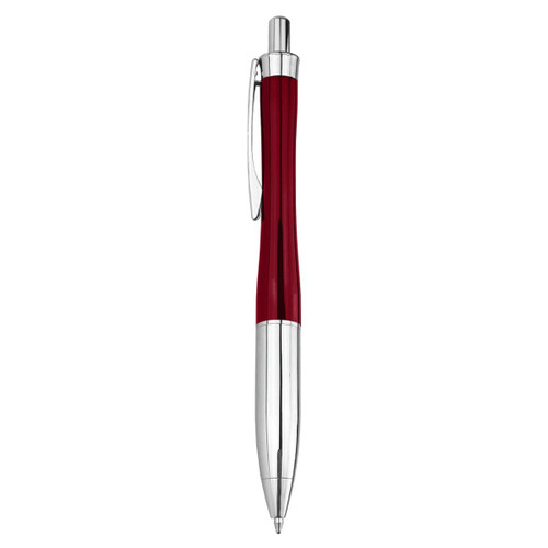 A metal pen with a sleek red body and silver accents, featuring a clip and a polished finish.