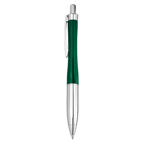 A green metal pen with a shiny silver clip and barrel. It features a sleek and elegant design.