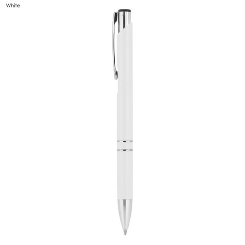 A white metal pen with chrome accents and a sleek design. It features a clip and a logo on the side.