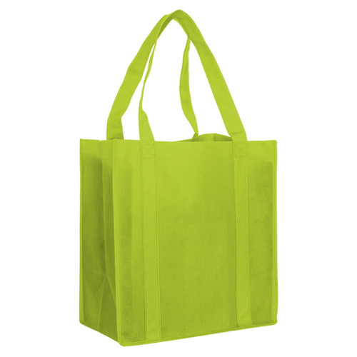 A lime green non-woven shopping bag with two sturdy handles and a spacious interior. It features a logo.