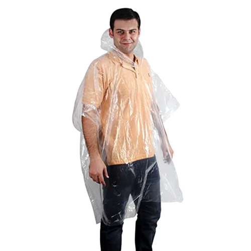 A clear plastic poncho worn by a person over an orange shirt, featuring a hood and loose-fitting design.