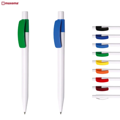 Two plastic pens featuring green and blue clips, alongside a range of pens in different colours. Each pen has a branding logo.