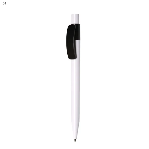A white plastic pen with a black clip and tip, featuring a logo on the side.