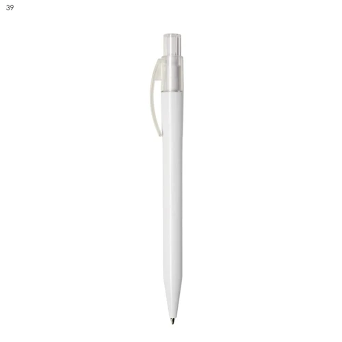 A white plastic pen with a clear cap and clip, featuring a branding logo.