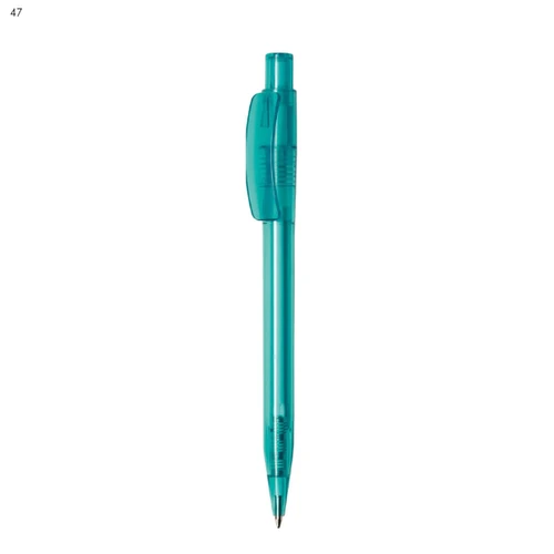 A plastic pen in a bright teal colour with a clear barrel and a clip attachment. The pen has a branding logo.