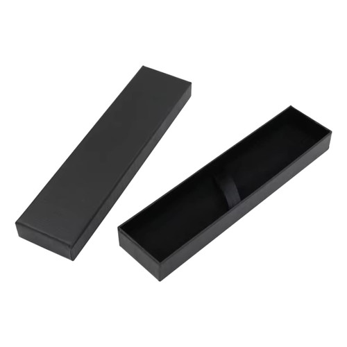 A black pen packaging box with a lid, featuring an interior ribbon for securing the contents.
