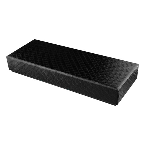 A sleek, black pen packaging box with a textured, quilted design and a logo.