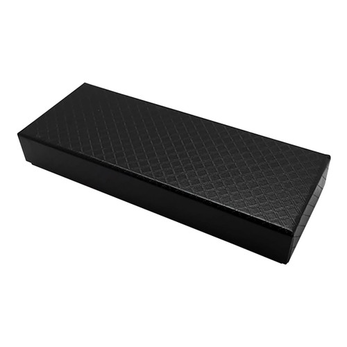 A premium black gift box with a textured finish, designed for packaging pens. Includes branding.