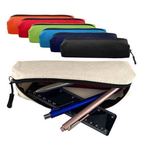 A variety of canvas tube pencil cases in red, orange, green, blue, black, and cream, with pens and a ruler inside.