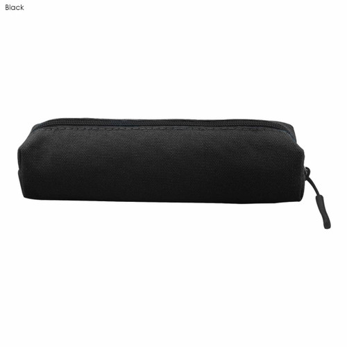 A black canvas pencil case with a zip closure, featuring a sleek rectangular shape and a small zipper pull.