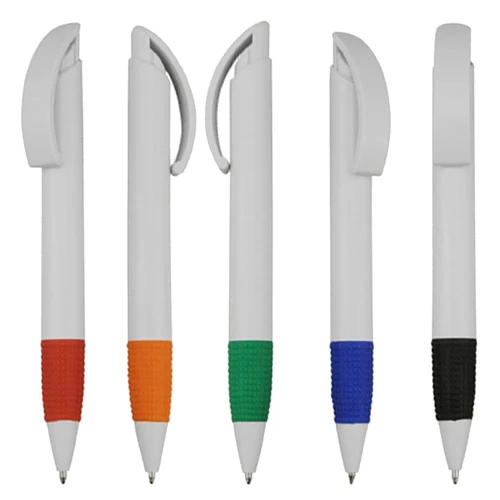 A set of five plastic pens in white with coloured grips: orange, green, blue, and black. Each pen includes a clip.