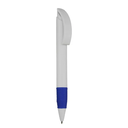 A plastic pen with a white body and a blue textured grip, featuring a clip at the top and a logo.