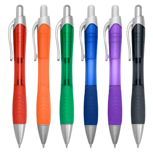 A set of six plastic pens in red, orange, green, blue, purple, and black with silver accents. Each pen features a grip and click mechanism.