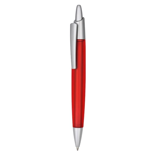 A red plastic pen with a silver clip. The pen features a smooth finish and a logo on its surface.