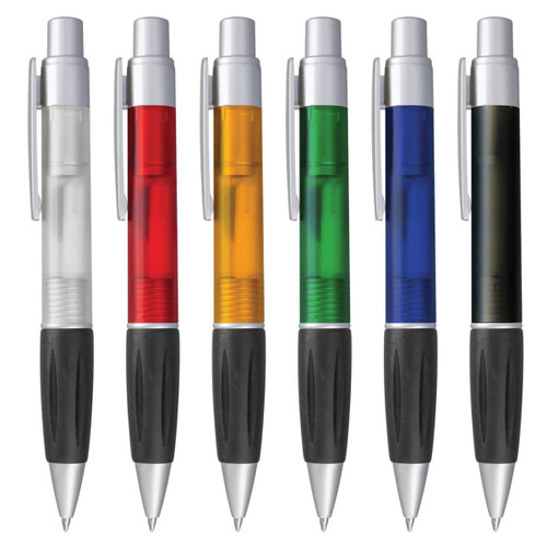 A collection of six plastic pens in clear, red, orange, green, blue, and black, featuring silver accents and rubber grips.